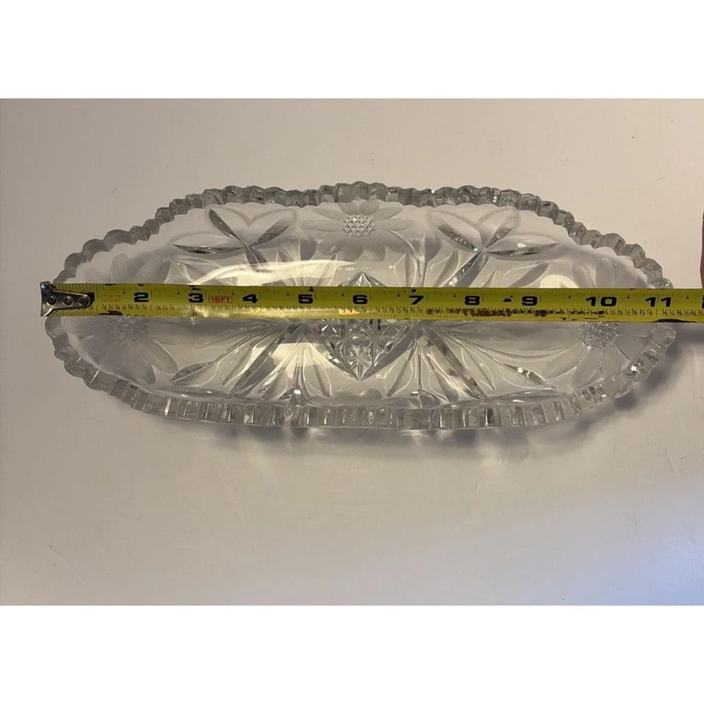 American Brilliant Period Glass Daisy Floral Diamond Pattern OVAL Relish‎ Dish